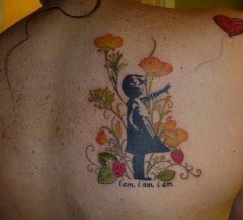 A Sylvia Plath piece by artist Alice Kendall at Infinity Tattoo in Portland, OR. The motif "Girl with baloon" was made famous by street artist Banksy