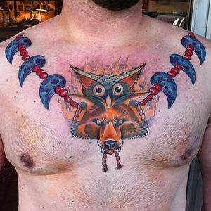 Funky chest tattoo by Galen Holland. necklace tattoos