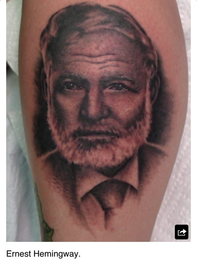After viewing these 50 tattoos and still feeling undecided about which words or what image to get inked, one could just get the writer responsible. In this case, a stunning portrait of Ernest Hemingway in black and gray.