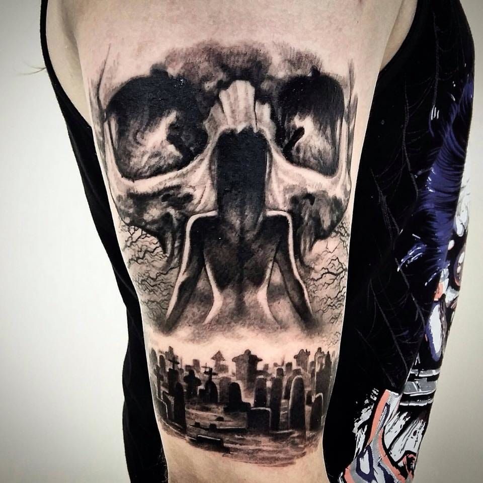 Dallier cemiterio tatuagens sombrias preto e cinza from hell tattoodo brasil