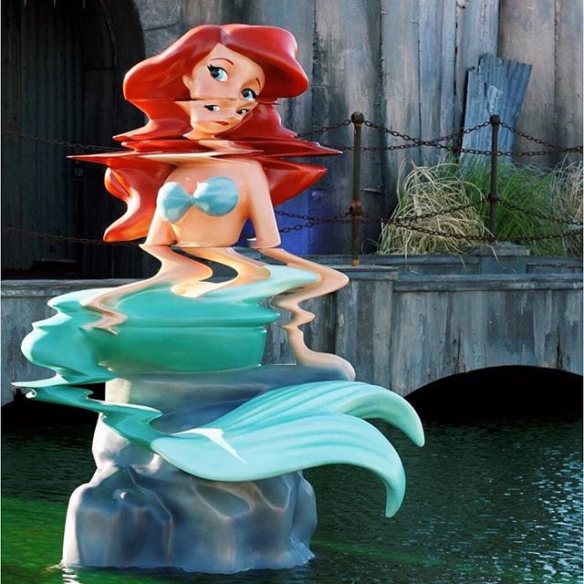 The most recent and famous use of glitch art is indeed Banksy's Little Mermaid in his Dismaland.