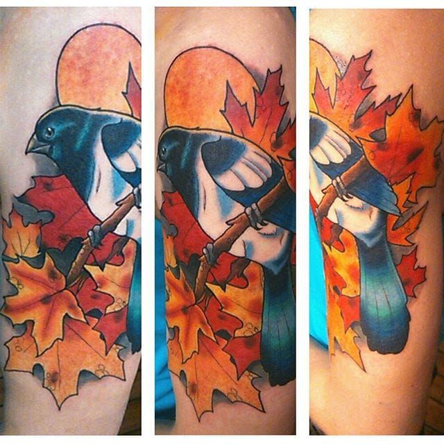 Colorful Magpie Tattoo by Cesse Larsson