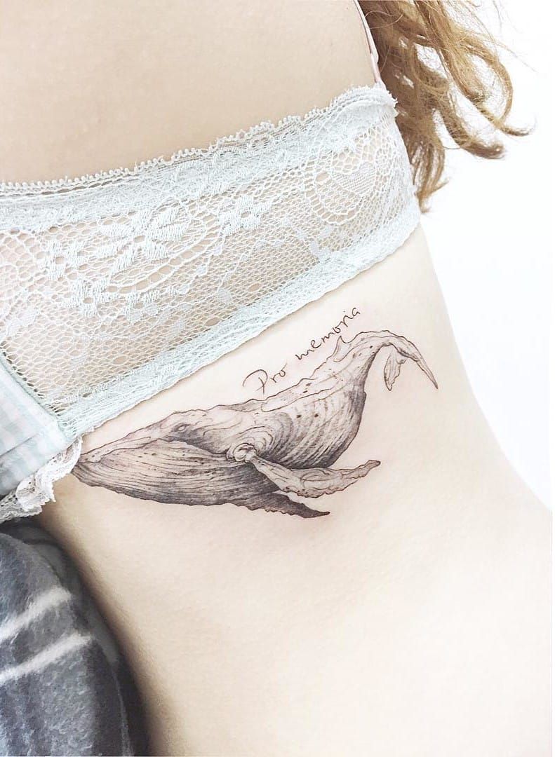 Fine-line sideboob whale tattoo by Banul