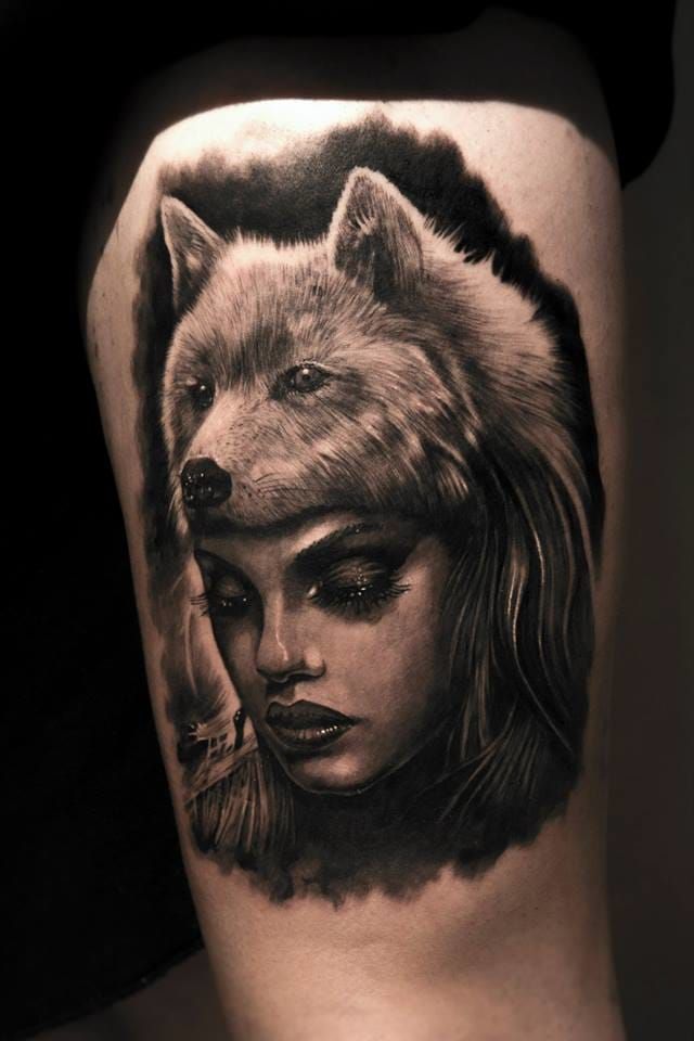 Wolf head tattoo aggressive wild animal Royalty Free Vector