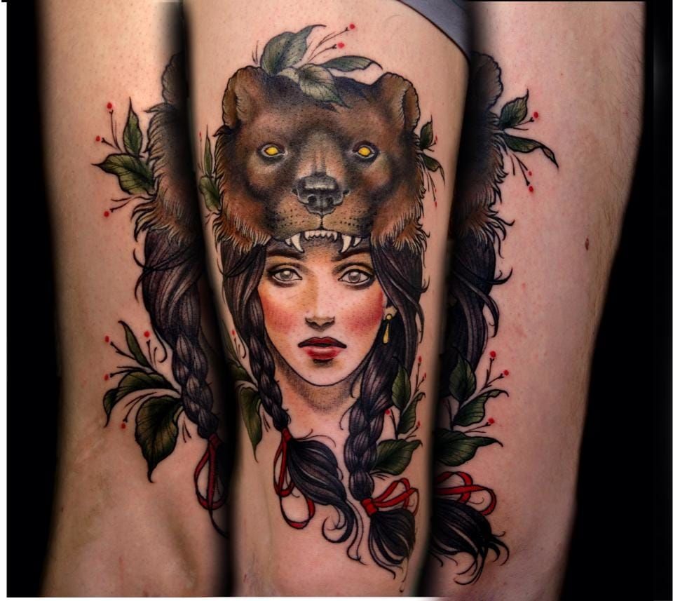 Animals Girl Head NeoTraditional Tattoo  Slave to the Needle
