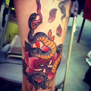 Nice colorful snake rose tattoo