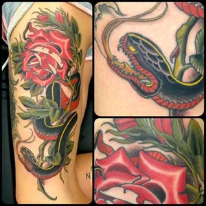 Another colorful snake rose tattoo