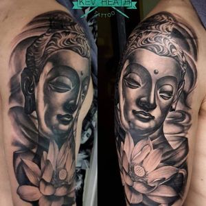 Black and gray buddha face tattoo
