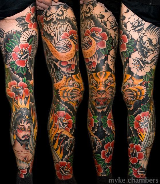 Myke Chambers Traditional Leg Tattoos
