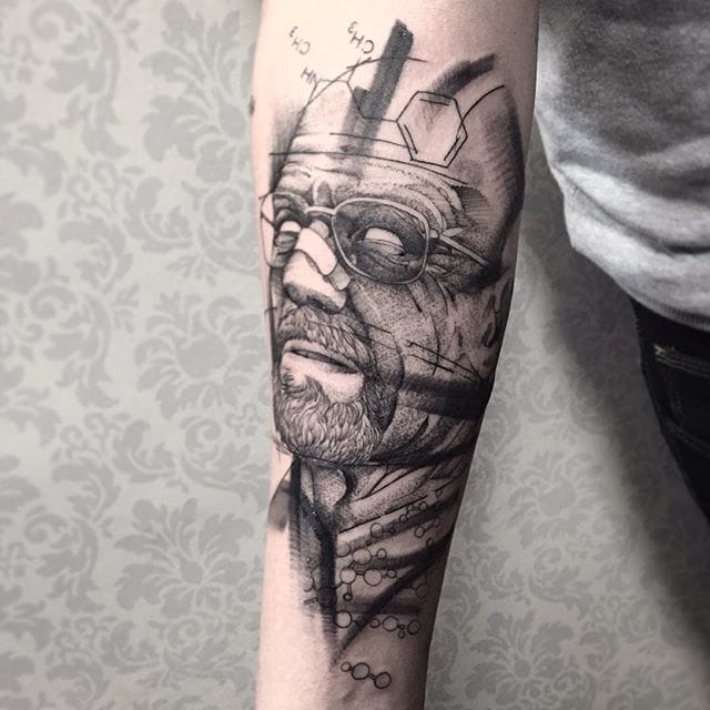 Breaking Bad tattoo by Fredao Oliveira #blackwork #blckwrk #linework #shading #abstract #sketchstyle #breakingnad #walterwhite #science #tvshow #tvseries #FredaoOliveira