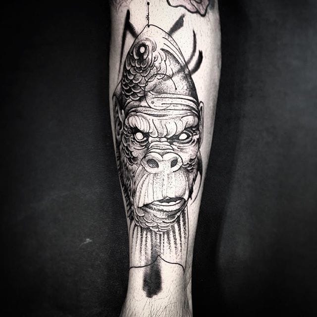 Creative Gorilla Fish tattoo by Fredao Oliveira #blackwork #blckwrk #linework #shading #abstract #sketchstyle #monkey #fish #FredaoOliveira