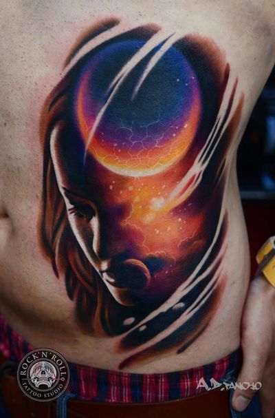 Somptuous and mysterious tattoo of a space woman, by A.D. Pancho.