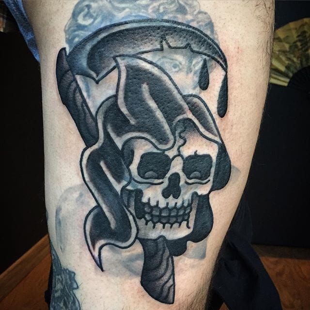 Blast Over Grim Reaper Tattoo by Tommy Sierra