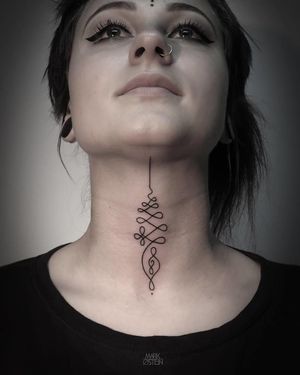 Elegant throat tattoo by Mark Ostein. #unalome #spiritual #symbol #linework