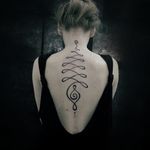 Nice spine tattoo by Catia at Gone Fishing tattoo parlor. #unalome #spiritual #symbol #linework