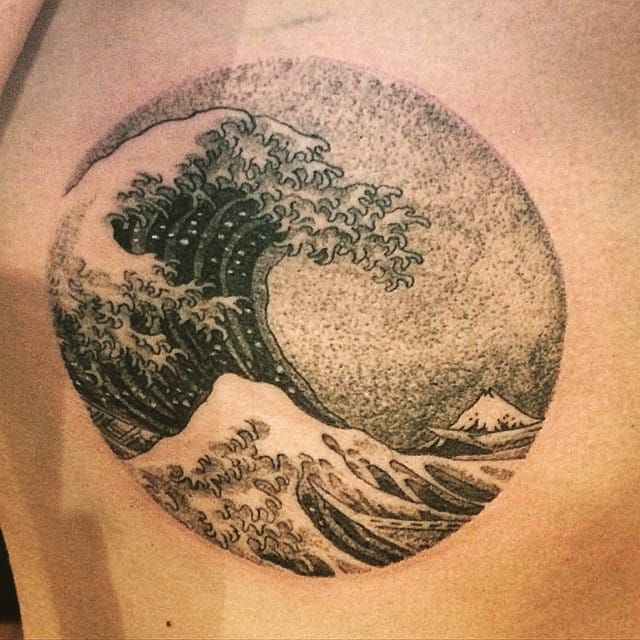 Dotwork Hokusai Wave Tattoo by Clyde Ck