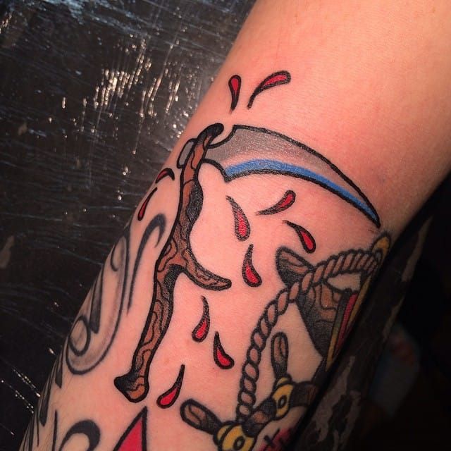 Scythe with some blood drops I got from Arspunx at High Contrast Tattoo  Berlin  rtraditionaltattoos