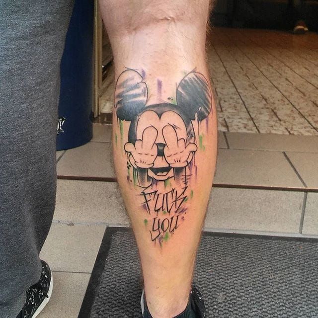Minimalist Mickey Mouses hand tattoo on the neck