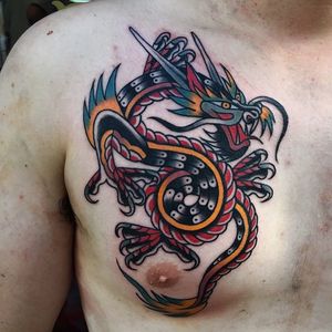 Cool Dragon Chest Tattoo by Luke Jinks