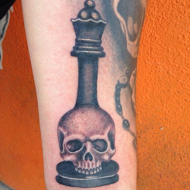 Chess Piece Skull Tattoo by Louie Figueroa