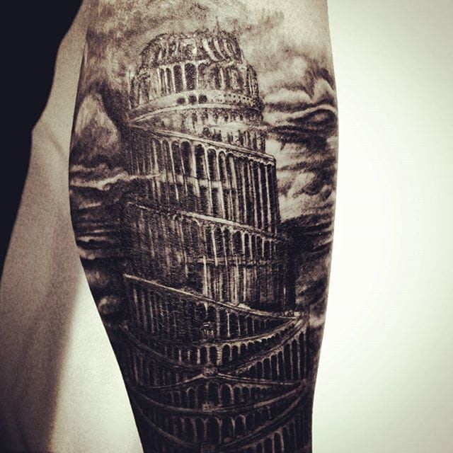 Tower of Babel tattoo located on the rib
