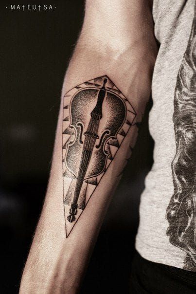 Lexica  a tattoo of violin with music coming out and going around the arm  in black and white