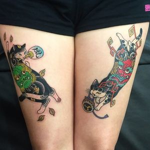 Fujin and Raijin Monmon Cat Tattoo by Horitomo