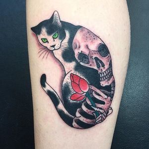 Skull Monmon Cat Tattoo by Horitomo