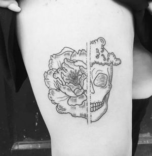 Skull and peony tattoo by Lilly Anchor, DareDevil Tattoo, NYC (Instagram @lillyanchor).