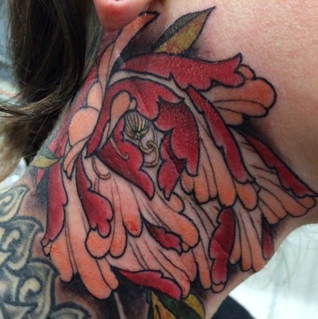 Peony Flower Tattoo On Left Side Neck