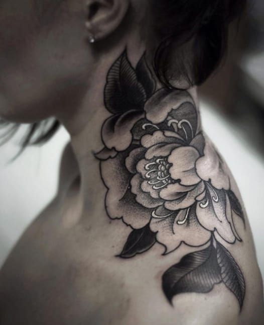 Tattoo uploaded by Orla  Awesome double black  grey peony flower neck  tattoos  marching shoulder geometric mandela tattoos  Tattoodo
