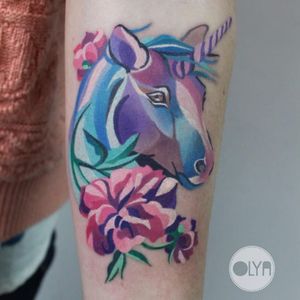 Unicorn and peony by Olya Levchenko, Black Label Tattoo Studio, Poltava, Ukraine (Instagram @laolya).