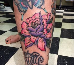 Pink and purple peony by Kyle Plunkett, Eternal Art Tattoo, Sunbury (Instagram @tattoosbycharlos).