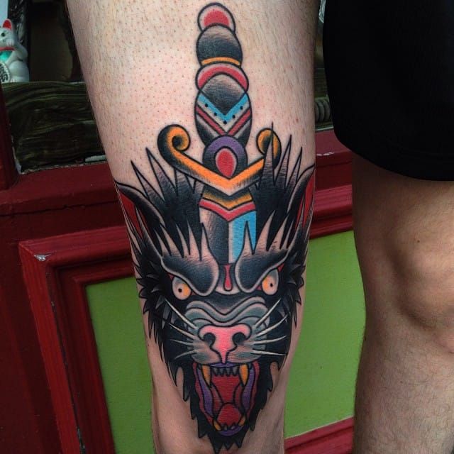 Tattoo uploaded by Jessica Paige  Wolf  Tiger heads by Chris Stuart  Instagram chrisxempire traditional wolf tiger animalhead knee  ChrisStuart  Tattoodo