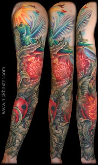 Powerful nature tattoo sleeve realism by Nick Baxter
