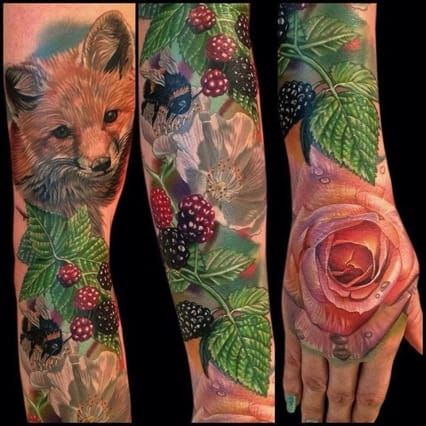 Hyper-realistic fox, berries and bee sleeve by Phil Garcia