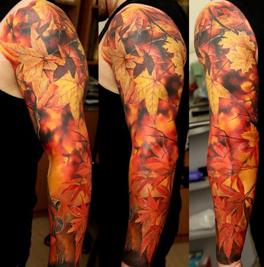 Hyper-realistic fall leaves full sleeve by Dmitriy Samohin