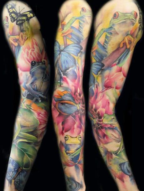 Delicate butterflies, frogs and flowers full sleeve by Lianne Moule