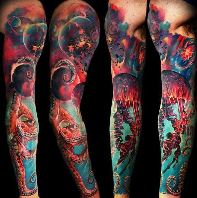 Galaxy and aquatic full sleeve realism by Timur Lysenko