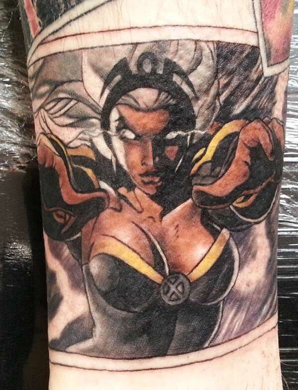 Storm Wolverine and Nightcrawler in an XMen tribute piece  wwwmishaartcom  Nerd tattoo Wolverine tattoo Comic tattoo