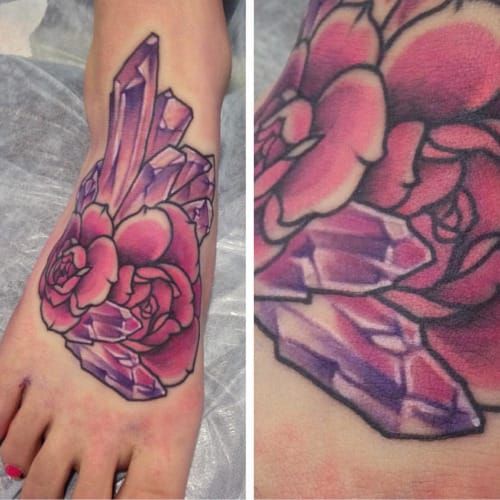 Rose quartz crystal and lavender tattoo by Lindsay Bee  Crystal tattoo  Stone tattoo Lavender tattoo