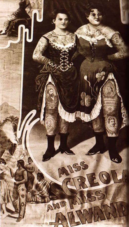 Vintage circus poster advertising Miss Creole and Miss Alwand two original tattooed ladies of the