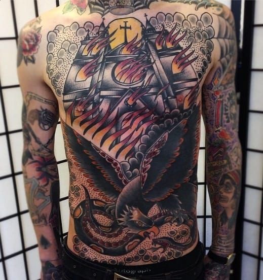 Burning church finally done Done by Rooster at Hidden Tattoo Lancaster Ca   rtattoos