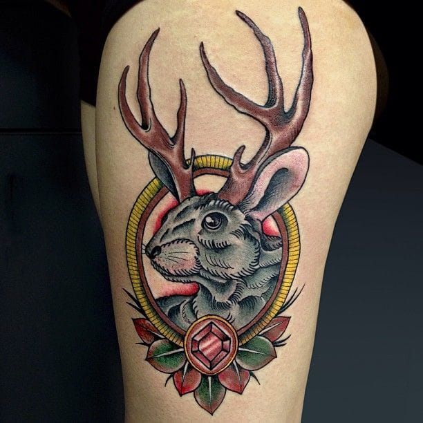 Jackalope Skull by Dom Wiley at Blue Cardinal Tattoo  Rochdale UK  r tattoos