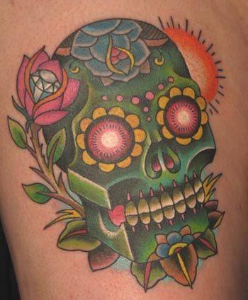 Via tattoostime.com. Artist unknown #sugarskull #skull #rose #diamond
