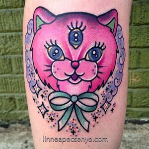 Pink & Sparkly Three Eyed Cat Tattoo by Linnea Pecsenye