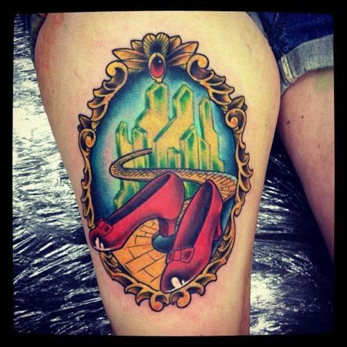 Ruby slippers tattoo on the forearm