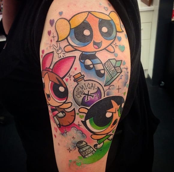 Amazing half sleeve Powerpuff tattoo by Makkala Rose, New Zealand.