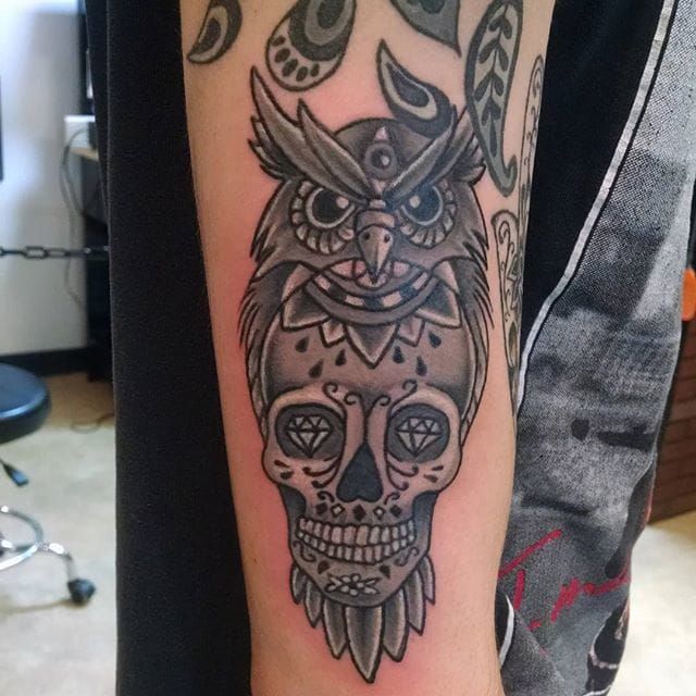 art black and white tattoo owl and skull image inspiration on  Designspiration