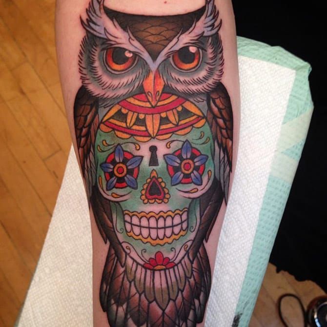 Traditional black and grey owl and sugar skull leg tattoo tattoosbyloaf   Skull thigh tattoos Thigh tattoo Leg tattoos